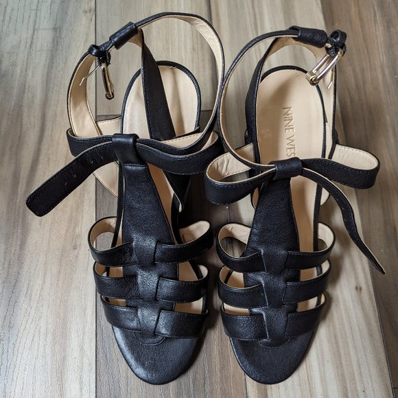 NINE WEST Women's Wedge Leather Sandals Gold Buckle Black Strap 4" Heel … - Picture 1 of 8
